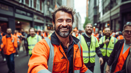 Group of diverse workers walking on streets outdoor.