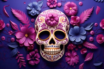 Mexican sugar skullwith floral ornament and flower on purple background. Dia de muertos celebration. Fiesta, Halloween holiday poster, flyer, greeting card, banner - obrazy, fototapety, plakaty