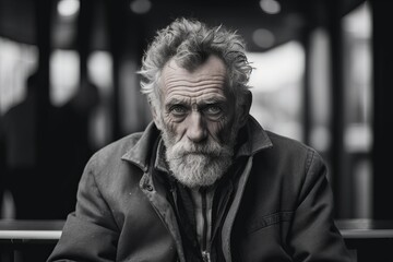 Portrait of an old man with gray beard and mustache in the city