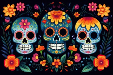 Mexican sugar skullwith floral ornament and flower on black background. Dia de muertos celebration. Fiesta, Halloween holiday poster, flyer, greeting card, banner