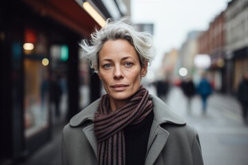Portrait of a beautiful middle-aged woman with short hair in the city