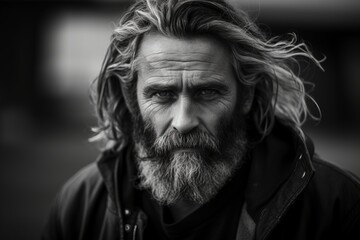 Portrait of a bearded man in the city. Black and white.