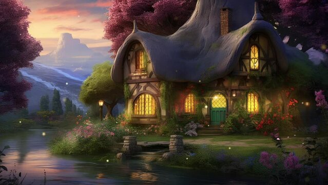 Fairytale house with thatched roof, surrounded by colorful trees, vibrant flowers, and serene river. Magical forest setting.
