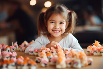 Naklejka premium Cheerful Child Anticipating Sushi Pleasure