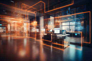 Sleek Brown Cyber Office with Neon Elements