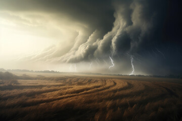 Dramatic Tornado Descending on Rural Landscape