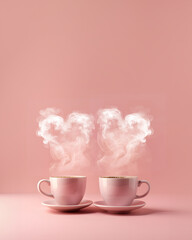 Two pink coffee cups with delicate wisps of steam that gracefully rise and converge above them, creating the illusion of a heart shape. Perfect for themes like Valentine's Day or a romantic morning.