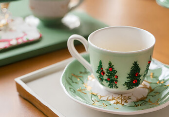  Christmas Cups and Holiday Cheer, 
Christmas Cups in a Holiday Setting, 
 Christmas Tea Cups with Festive Decor