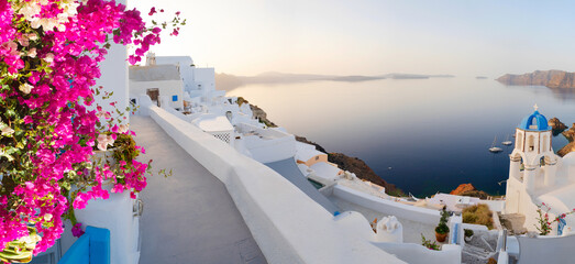 street of traditional greek village Oia of Santorini, with blue domes and flowers against Aegan sea...