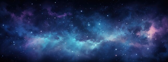 Night sky with stars. Universe filled with clouds, nebula and galaxy. Landscape with gradient blue...