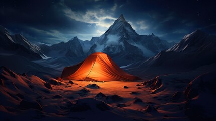 Awesome mountain landscape with vivid orange tent near large glacier tongue under clouds in night starry sky - obrazy, fototapety, plakaty