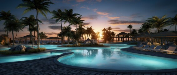 Fototapeta na wymiar swimming pool with lounge chairs among palm trees