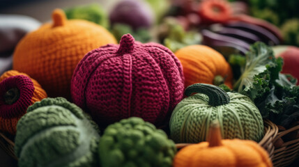 A basket full of knitted pumpkins and squash, AI - Powered by Adobe