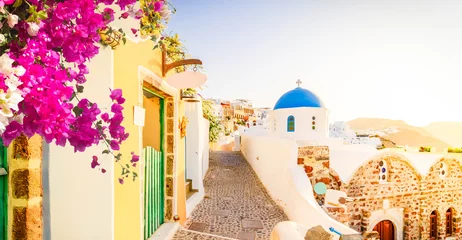 Raamstickers Santorini cityscape, typical street of Oia, traditional greek village of Santorini, Greece, panorama with flowers © neirfy