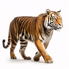 royal tiger (P. t. corbetti) isolated on white background clipping path included. The tiger is staring at its prey. Hunter concept.