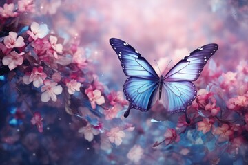 Fluttering blue butterfly and pink cherry or sakura blossom branch in sunlight. Floral spring concept for background, banner or greeting card with copy space - obrazy, fototapety, plakaty