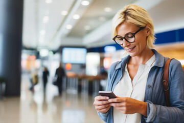 Airport Tech: Woman with Glasses and Mobile App