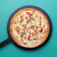 tomatoes and capsicum topping pizza with wooden pan on green background