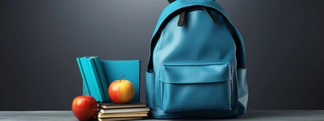 Foto op Aluminium Banner with a turquoise satchel, apples and books, copy space © Hannes