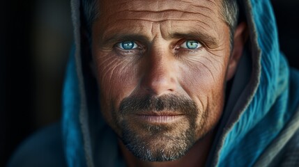 A portrait of an older man with wrinkles, beard and bright blue eyes with a blue hood