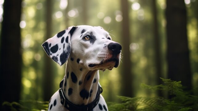 A Dalmatian dog in a summery forest