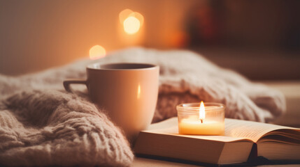 Coffee, book and candle on the table, AI