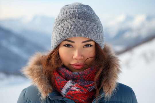 Happy young woman wearing warm winter hiking clothes climbing high peak mountain Generative AI picture