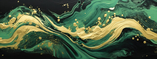 Green, black and gold acrylic paints mixed together create beautiful patterns V1 - obrazy, fototapety, plakaty