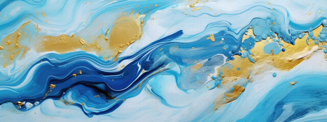 Mixing acrylic paints blue, white, gold beautiful waves V1