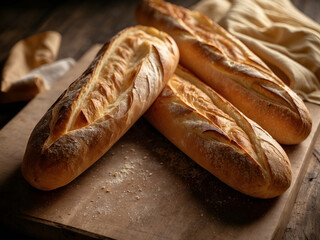 A freshly baked baguette, French cuisine,. golden crust that crackles with each bite. 