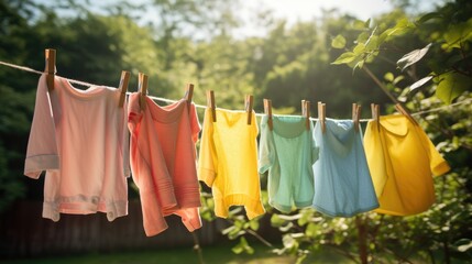 After being washed children colorful clothes dried outdoor. Generative AI