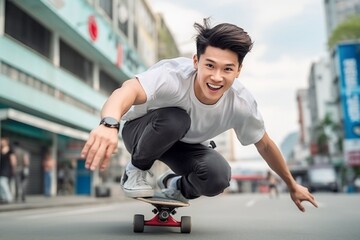 young asian man playing skateboard in the city
