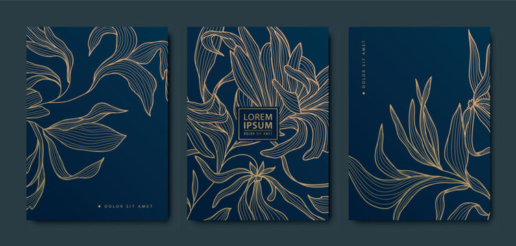 Vector art deco, luxury golden floral covers. Line japanese style leaves and flowers, nature texture patterns, cover, flyer templates. Elegant wavy vintage brochures