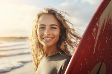 Portrait of a smiley young woman with a curly hairstyle carrying a colorful surfboard shot at the sunny day of beach vacation. Generative AI. - obrazy, fototapety, plakaty