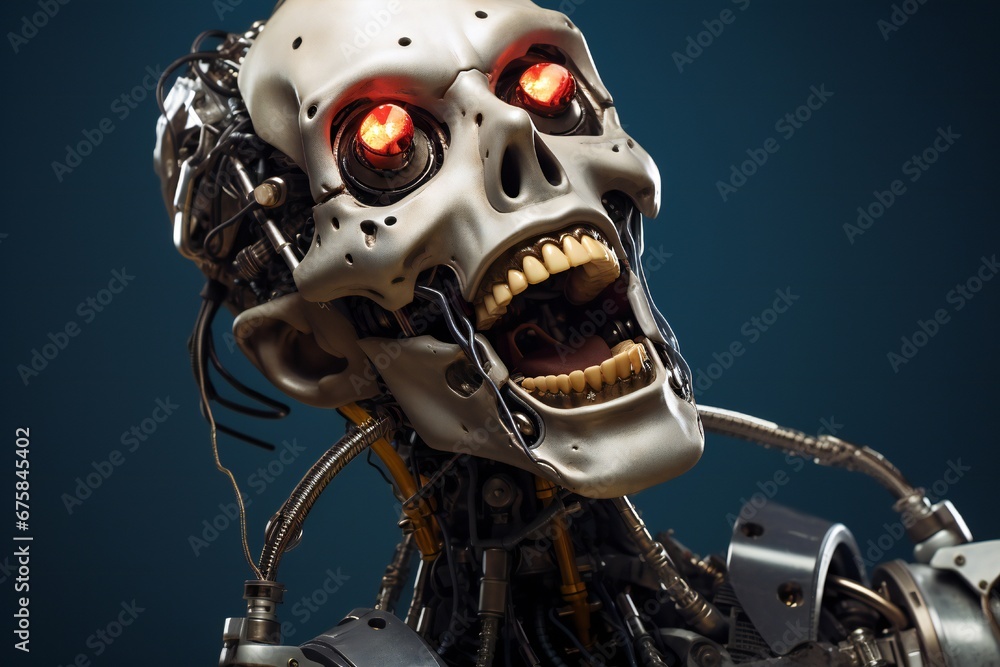 Aufkleber Funny and scary laughing cyborg, with empty copy space Generative AI 