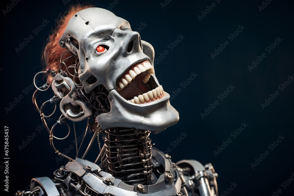 Aufkleber Funny and scary laughing cyborg, with empty copy space Generative AI 