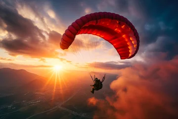 Tuinposter Daring Skydiver Embracing Sunset Bliss © AIproduction