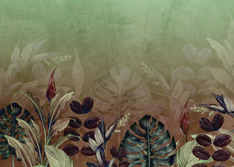 Wallpaper, tropical leaves, palm leaves, monstera, grunge, loft. - 675845466