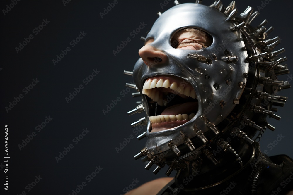 Aufkleber Funny and scary laughing cyborg, with empty copy space Generative AI 