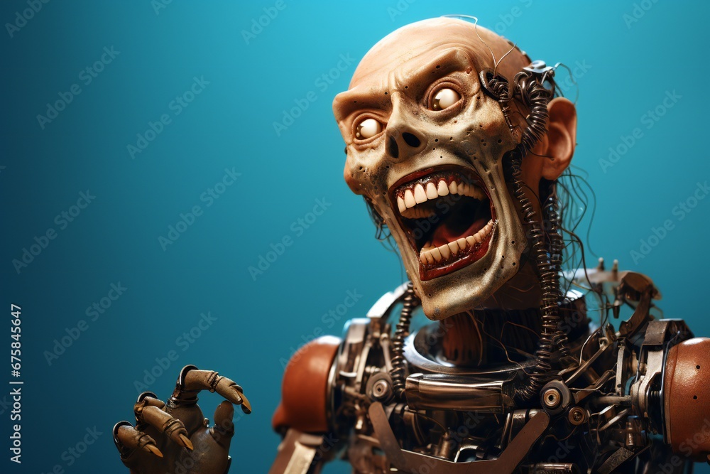Aufkleber Funny and scary laughing cyborg, with empty copy space Generative AI 