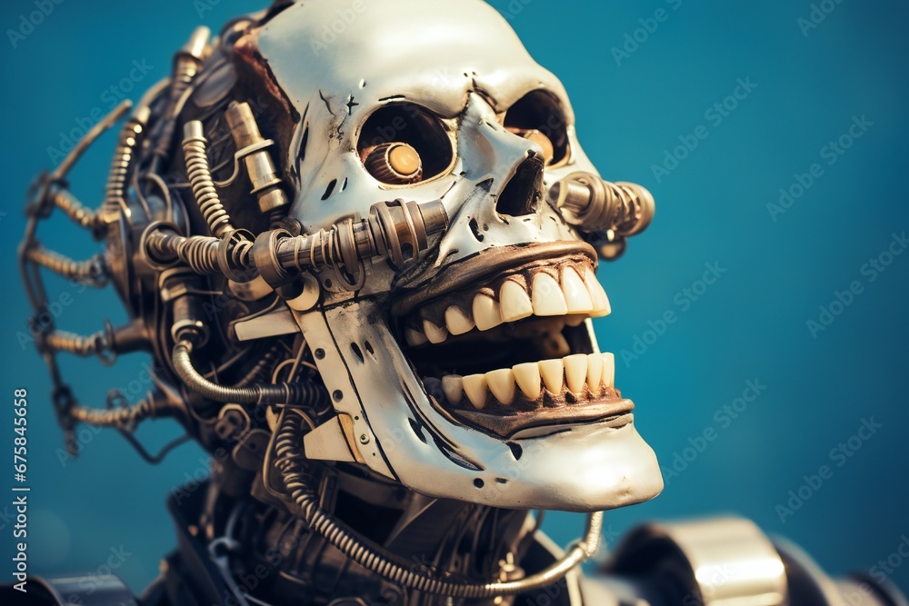 Aufkleber Funny and scary laughing cyborg, with empty copy space Generative AI 