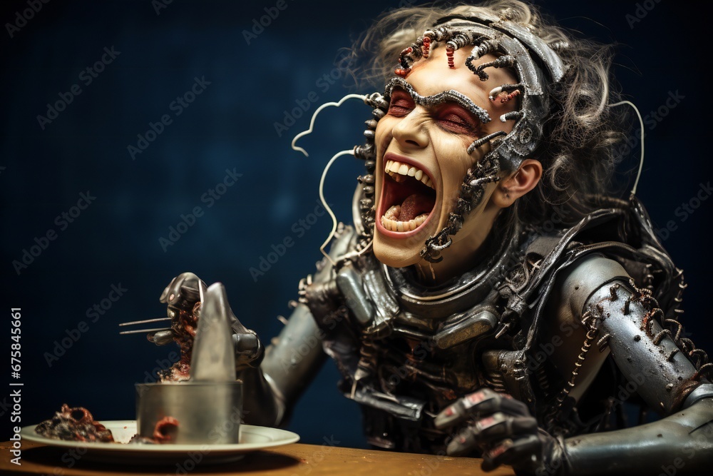 Aufkleber Funny and scary laughing cyborg, with empty copy space Generative AI 