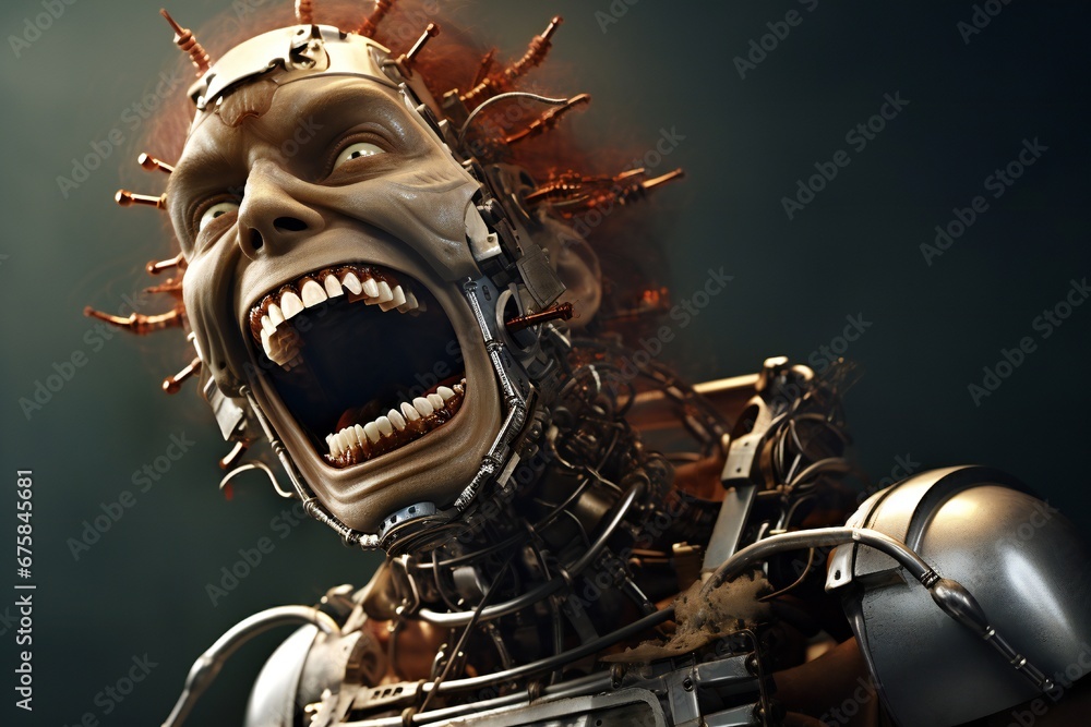 Aufkleber Funny and scary laughing cyborg, with empty copy space Generative AI 