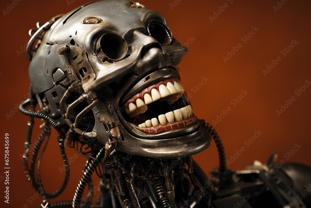 Aufkleber funny and scary laughing cyborg, with empty copy space generative ai