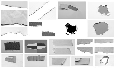 Collection of torn paper isolated on white background.