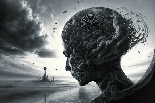 AI generated illustration of a grayscale human head with an abstract brain looking at a building