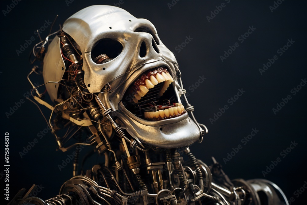 Aufkleber Funny and scary laughing cyborg, with empty copy space Generative AI 