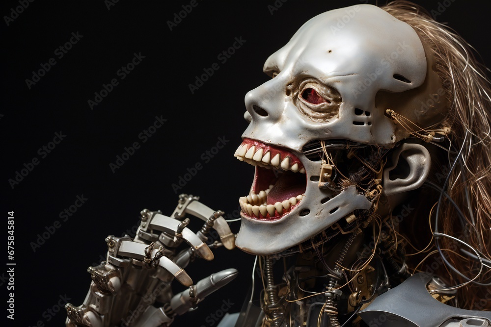 Aufkleber Funny and scary laughing cyborg, with empty copy space Generative AI 