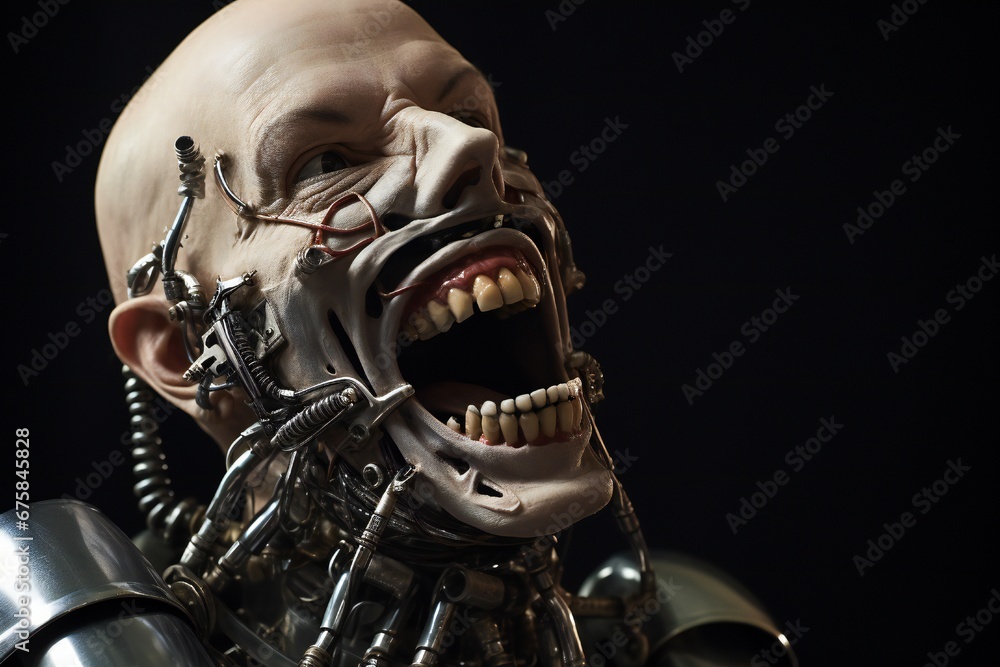 Aufkleber funny and scary laughing cyborg, with empty copy space generative ai