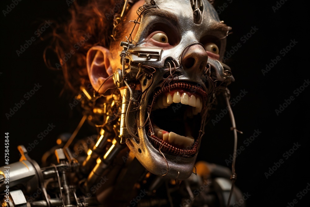 Aufkleber Funny and scary laughing cyborg, with empty copy space Generative AI 